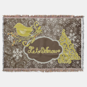 Bird and Snowflakes on Brown Holiday Throw Blanket