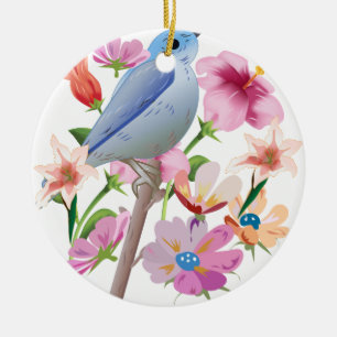 Bird and Spring Flowers Illustration Ceramic Tree Decoration