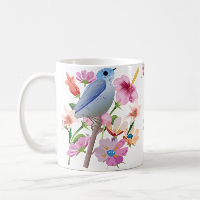 Bird and Spring Flowers Illustration Coffee Mug (Left)