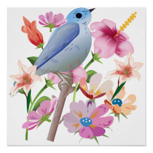 Bird and Spring Flowers Illustration Poster