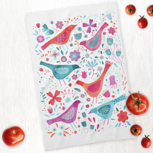 Bird and Wildflower Floral Watercolor Tea Towel