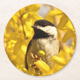Bird and Yellow Flowers Round Paper Coaster