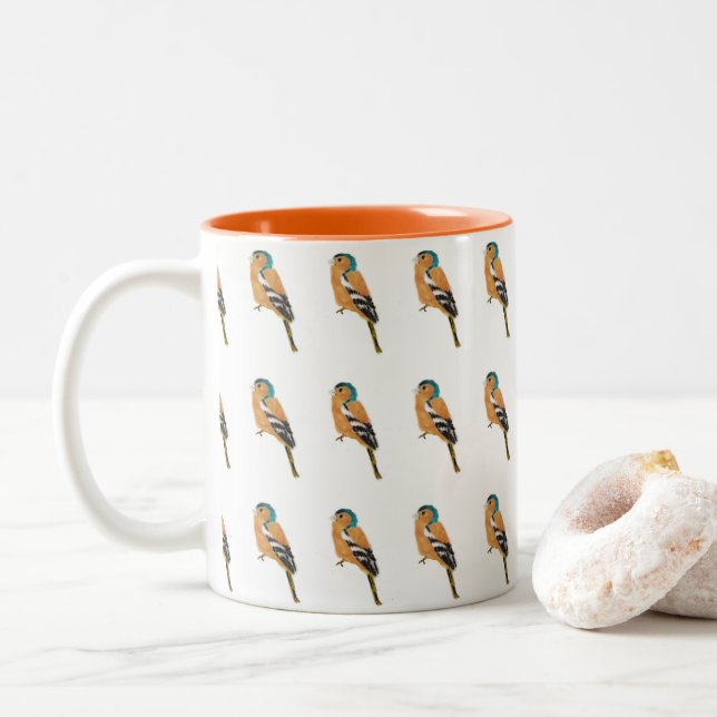 Bird Art Chaffinch Pattern Two-Tone Coffee Mug (With Donut)
