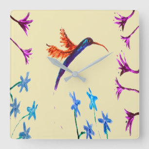 Bird Art Floral Hummingbird Square Wall Clock