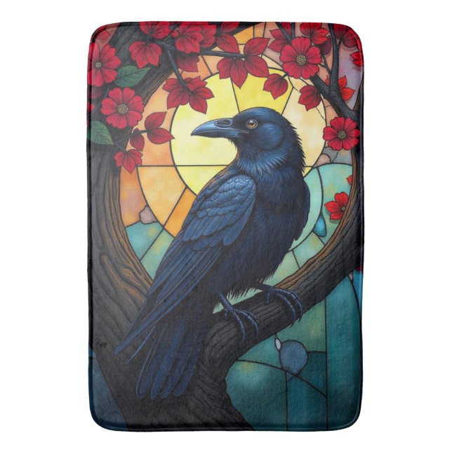 BIrd Art Stained Glass Crows, Ravens Bath Mat (Front Vertical)