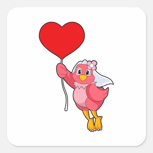 Bird as Bride with Veil & Heart Balloon Square Sticker (Front)