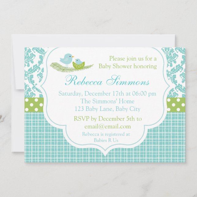 Bird Baby Shower Invitation Boy Damask Blue Green (Front)