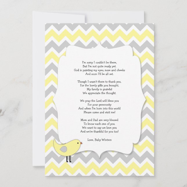 Bird Baby shower thank you notes poem yellow (Front)