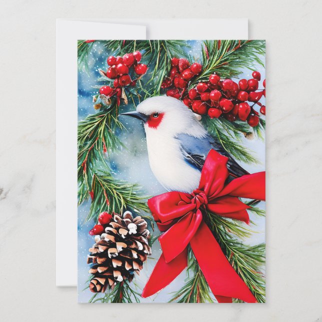 Bird berries and bow budget Christmas Holiday Card (Front)