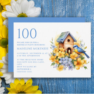 Bird Birdhouse Blue Yellow Flowers 100th Birthday Invitation