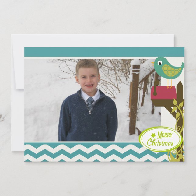 Bird Blue Chevron Stripe Holiday Photo Card (Front)