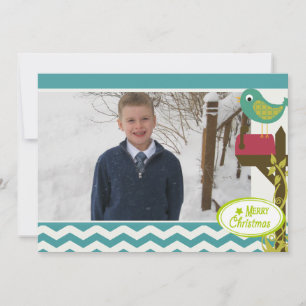 Bird Blue Chevron Stripe Holiday Photo Card