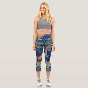 Bird Blue Chinese Embroidery Vintage Capri Leggings