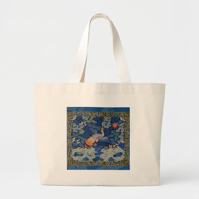 Bird Blue Chinese Embroidery Vintage Large Tote Bag (Front)