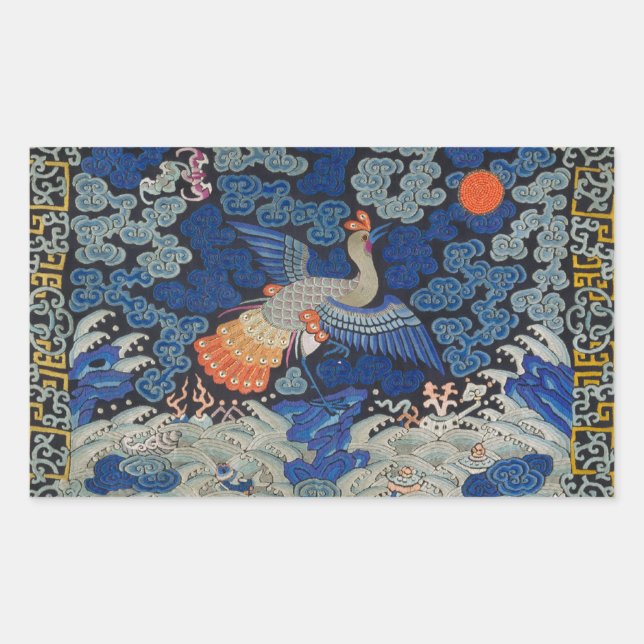 Bird Blue Chinese Embroidery Vintage Rectangular Sticker (Front)