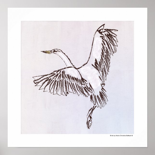Bird Blue Gray Illustration Line Drawing Wall Art (Front)