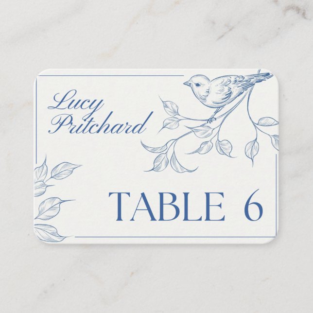 Bird & Botanical Wedding Place Card – Elegant Blue (Front)