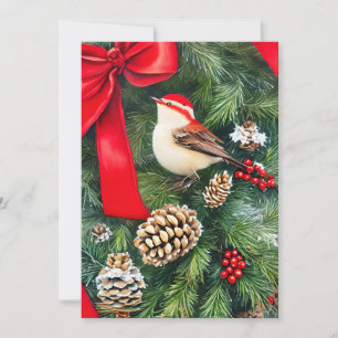 Bird bow and berries budget Christmas Holiday Card