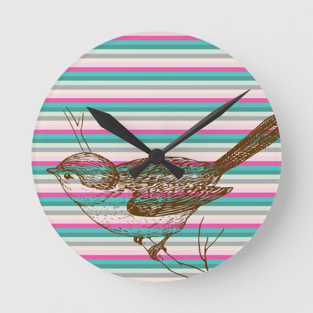 bird branch animals nature colourful pattern art round clock (Front)