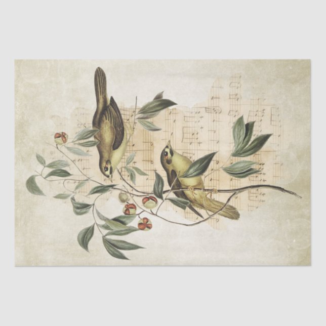 Bird Branch Berries Music Decoupage Vintage  Tissue Paper (Front)