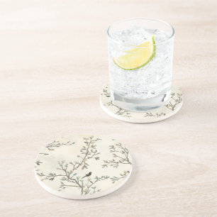 Bird Branch Watercolor Beige Nature Painting Coaster