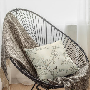 Bird Branch Watercolor Beige Nature Painting Cushion