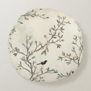 Bird Branch Watercolor Beige Nature Painting Round Cushion
