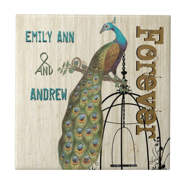 Bird Cage Peacock Wood Grain Forever Anniversary Tile (Front)