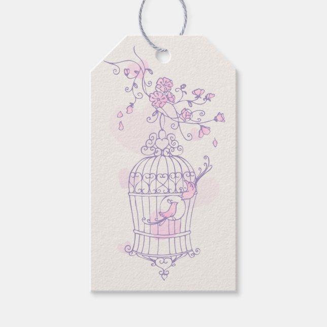 Bird cage purple pink wedding favour gift tag (Front)