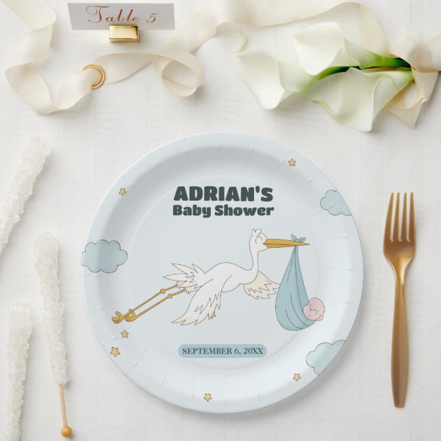 Bird Carrying Cute Kid It's A Boy Invitation Paper Plate (Wedding)