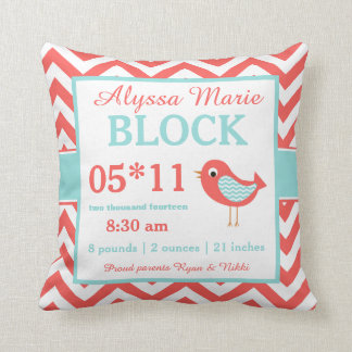 Bird Coral Turquoise Baby Announcement Pillow
