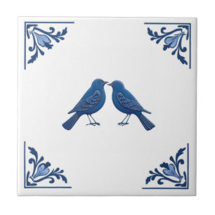 Bird Couple Delft Blue and White Floral Corners Tile