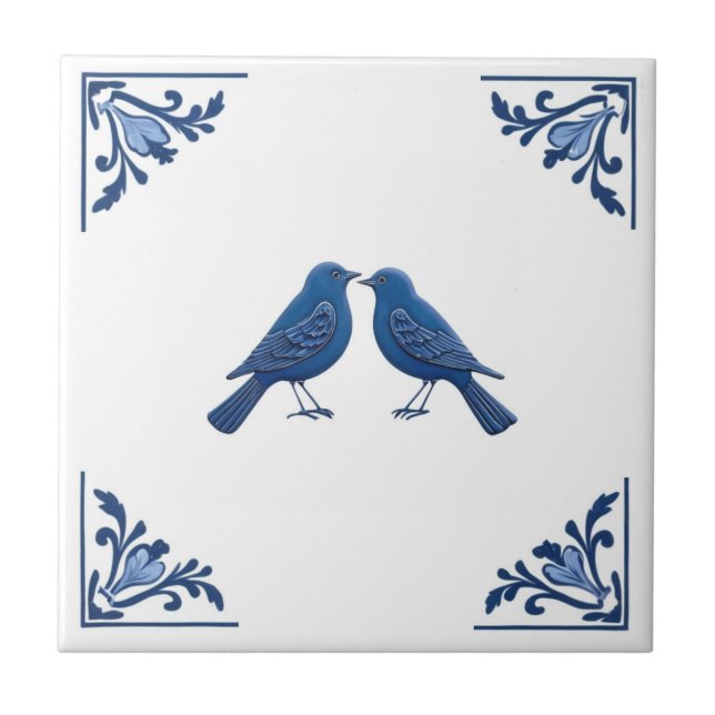 Bird Couple Delft Blue and White Floral Corners Tile (Front)