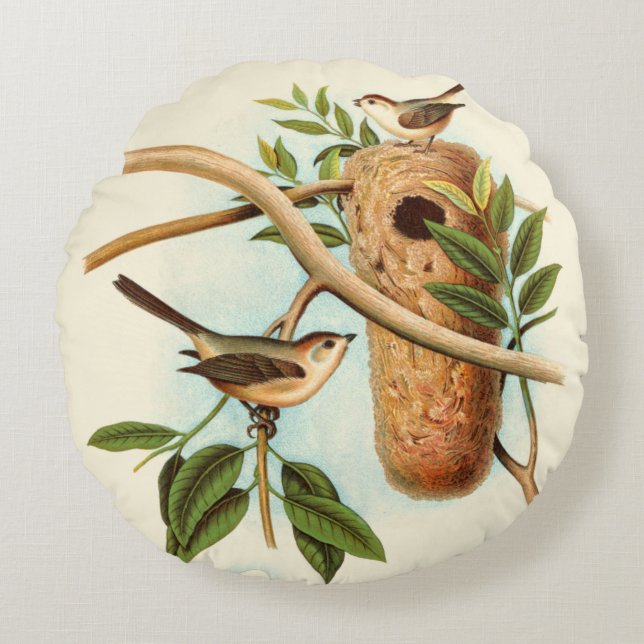 Bird Couple on a Nest Perched on a Branch Round Cushion (Front)