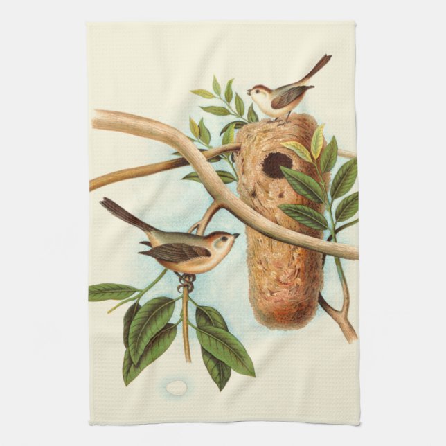 Bird Couple on a Nest Perched on a Branch Tea Towel (Vertical)