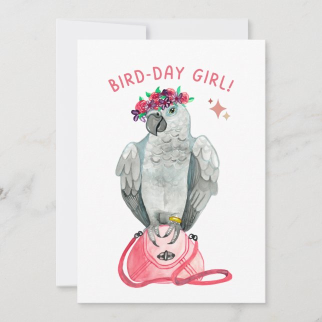 Bird-day Girl African Grey Parrot Bird Lover Birth Holiday Card (Front)