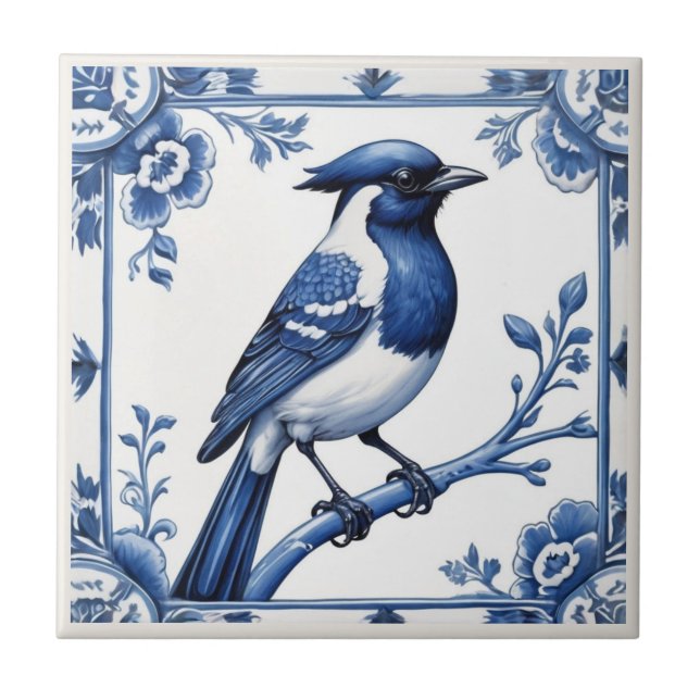 Bird Delft Blue and White Asian Floral Tile (Front)