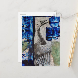 Bird Dino Blue Paint Mixed Media Collage Postcard
