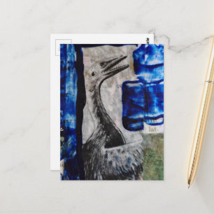 Bird Dinosaur with Blue Paint Mixed Media Collage Postcard