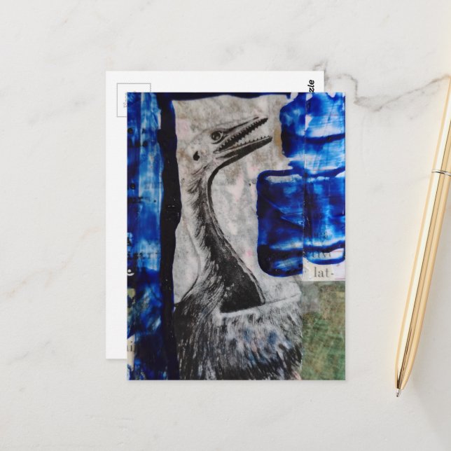 Bird Dinosaur with Blue Paint Mixed Media Collage Postcard (Front/Back In Situ)