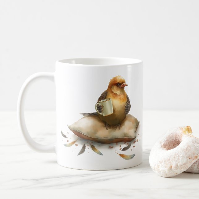 Bird Drinks Coffee: A Whimsical Morning Delight ☕ Coffee Mug (With Donut)