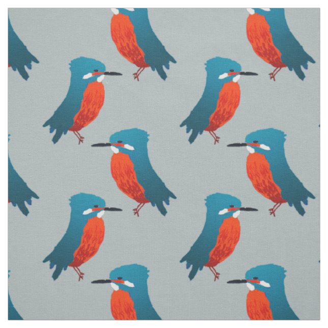 Bird Fabric: Teal Blue & Scarlet Kingfishers Fabric (Swatch)