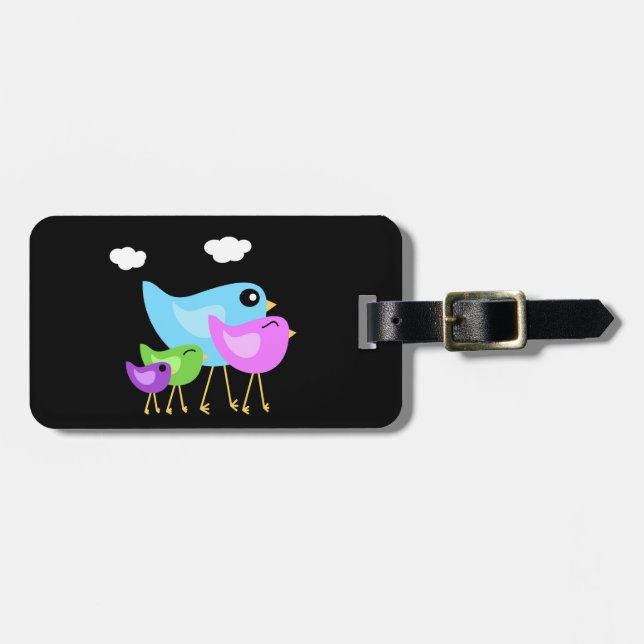 Bird family black luggage tag (Front Horizontal)