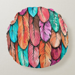 Bird feathers seamless pattern. Hand drawing water Round Cushion