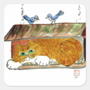 Bird Feeder and Orange Tiger Cat Square Sticker