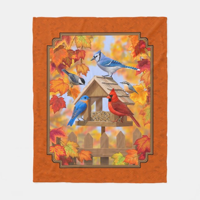 Bird Feeder Gathering Autumn Orange Fleece Blanket (Front)
