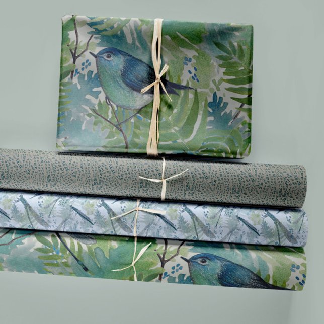 Bird Floral Blue Trio Decoupage Wrapping Paper Sheet (Whimsical Watercolor Bird Ferns And Dragonflies Wrapping Paper Sheets from Studio Posies.)