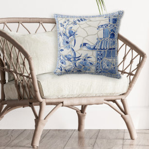 Bird Floral Vintage Blue and White Chinoiserie Cushion
