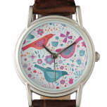 Bird Floral Watercolor Watch<br><div class="desc">Modern contemporary watercolor birds and flowers in teal green, red and magenta pink. Original art by Nic Squirrell.</div>