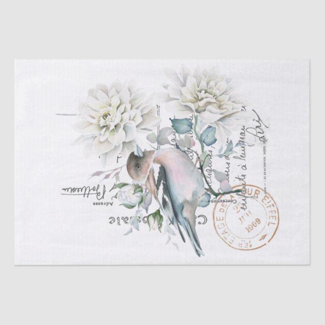 Bird Flower French Script Postmark Decoupage  Tissue Paper (Front)